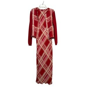 y2k Silk Maxi Dress Cardigan Set Womens 10 Red Beaded Plaid Garden Tea Coquette